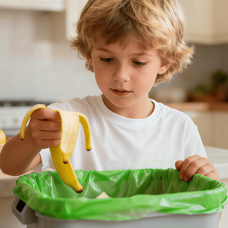 child composting food scraps into 8l caddy liner 768x768
